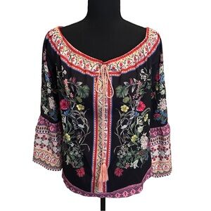 Umgee Black Boho Floral Embroidered Off the Shoulder Blouse Bell Sleeves Size M